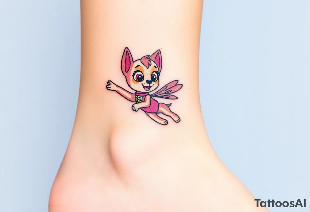 The Paw Patrol  member Skye in pink suit soaring in the air with outstretched pink wings, tattoo idea