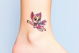 The Paw Patrol  member Skye in pink suit soaring in the air with outstretched pink wings, tattoo idea