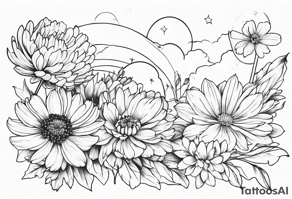 cosmos, chrysanthemums,and narcissus flowers tattoo idea