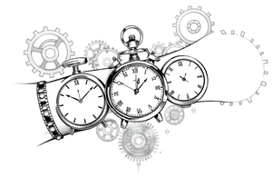 Clocks on arm that show kids birthday with gears as background tattoo idea