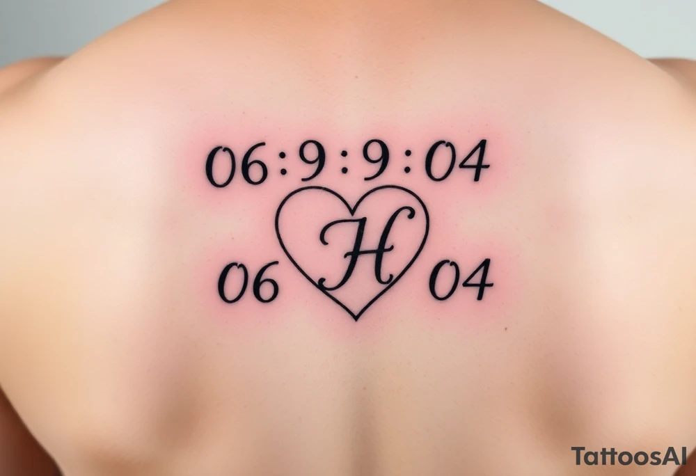 06/09/04 written and under the date is a heart inside the heart is a letter H in cursive on the lower back waist tattoo idea