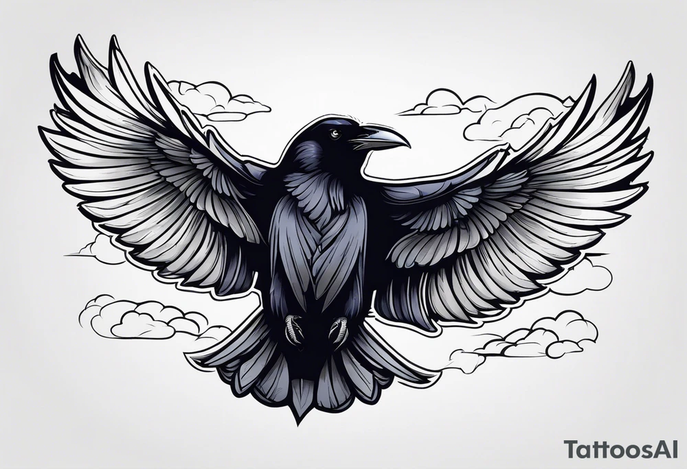 A flying raven on the chest tattoo idea