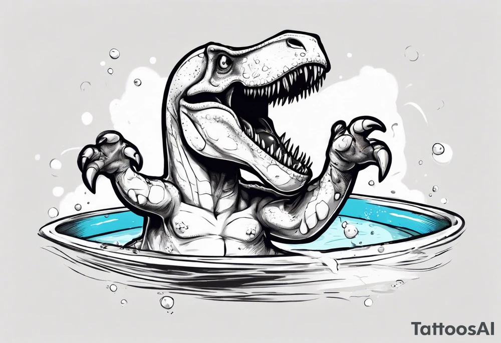 silly happy t rex in a pool wearing water polo cap tattoo idea