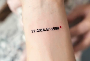 Tattoo of geographic coordinates in classic typewriter font, accented with a tiny red dot marking a special place (e.g., where you met).
Placement: Collarbone or ribcage. tattoo idea