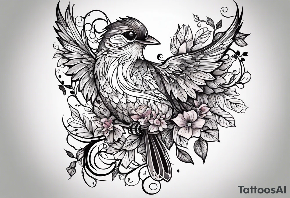 Whimsical birds and vines and leaves forearm tattoo idea