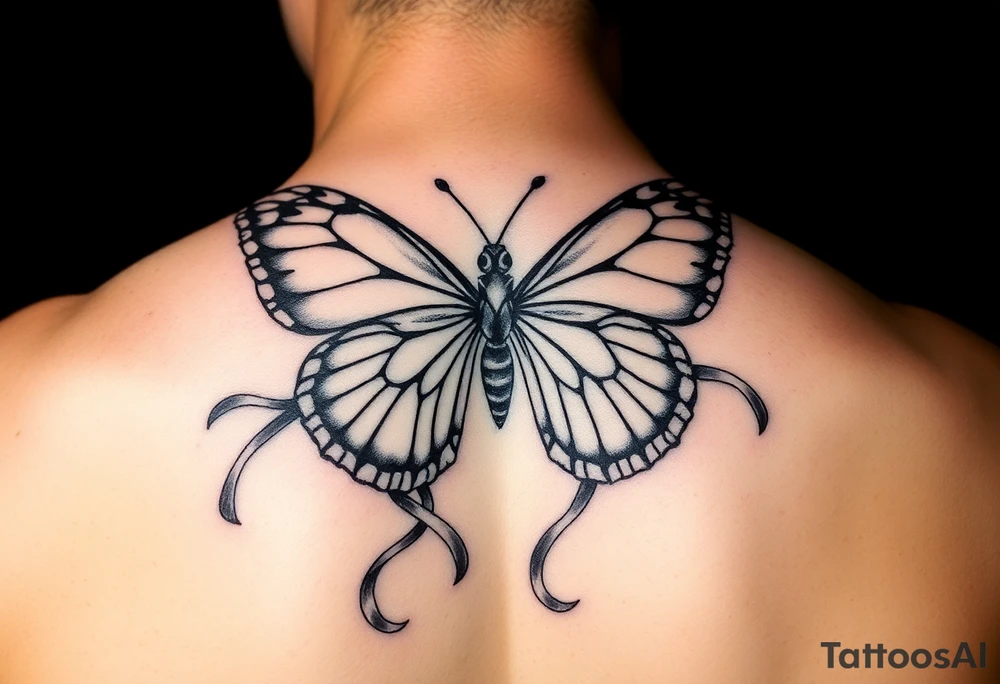 ethereal butterfly with flowing silk ribbons in moonlight tattoo idea