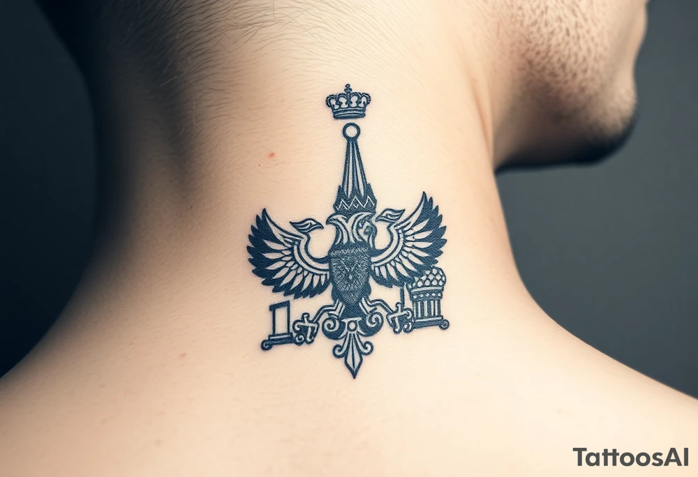 St. George 
3 russian imperial crowns above the Russian coat of arms double eagle
Russian sabre
The Kremlin or St. Basil's Cathedral scene 
on the side of my neck tattoo idea