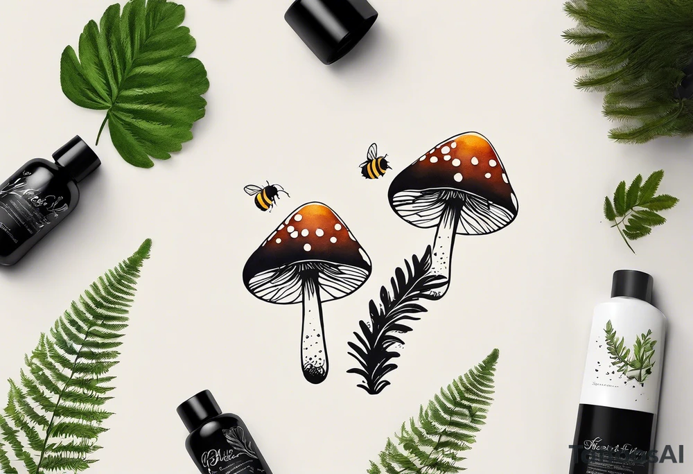 forest floor inspired minimalist tattoo, which includes grass, curly ferns, moss and dead leaves as the bulk of the tattoo. details to include: forest berries, a tiny bumblebee flying nearby, three small brown mushrooms
Generate a vertically long one tattoo idea