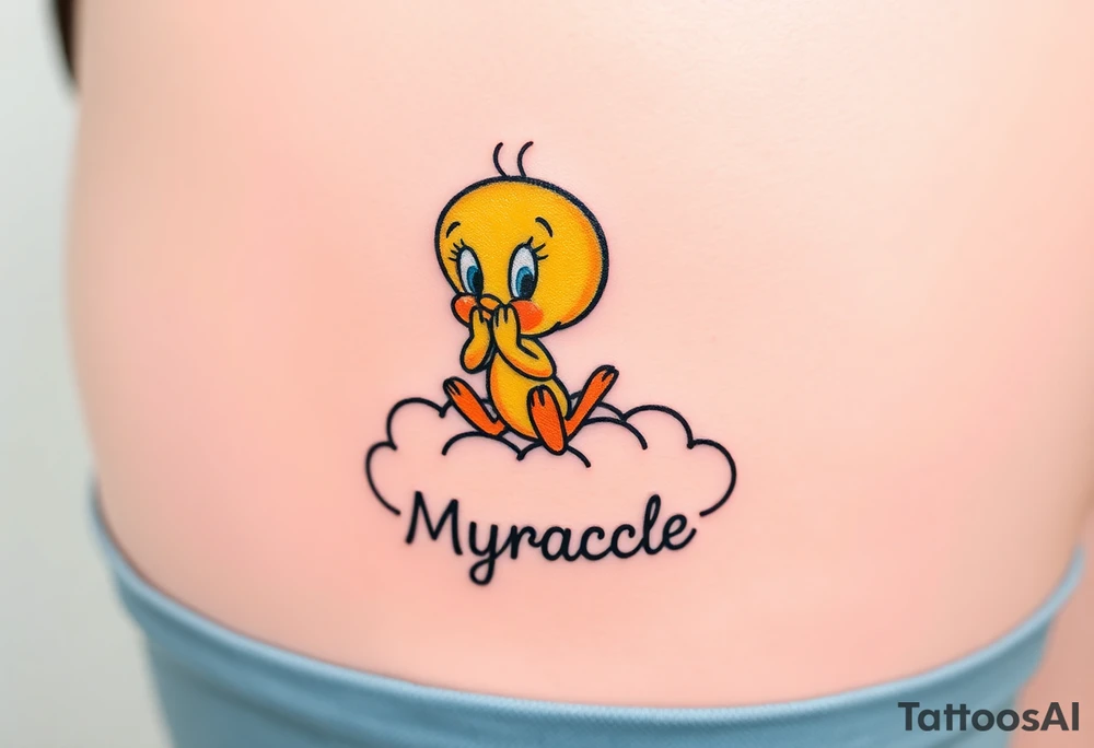 Tweety Bird on a cloud with his head in his hands looking up. Under the cloud in small capital letters is the name Myracle Blessing tattoo idea