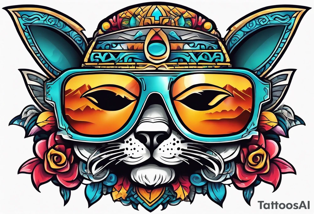 Colorful Mayan hieroglyph wearing sunglasses with waves and bats tattoo idea
