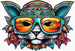 Colorful Mayan hieroglyph wearing sunglasses with waves and bats tattoo idea