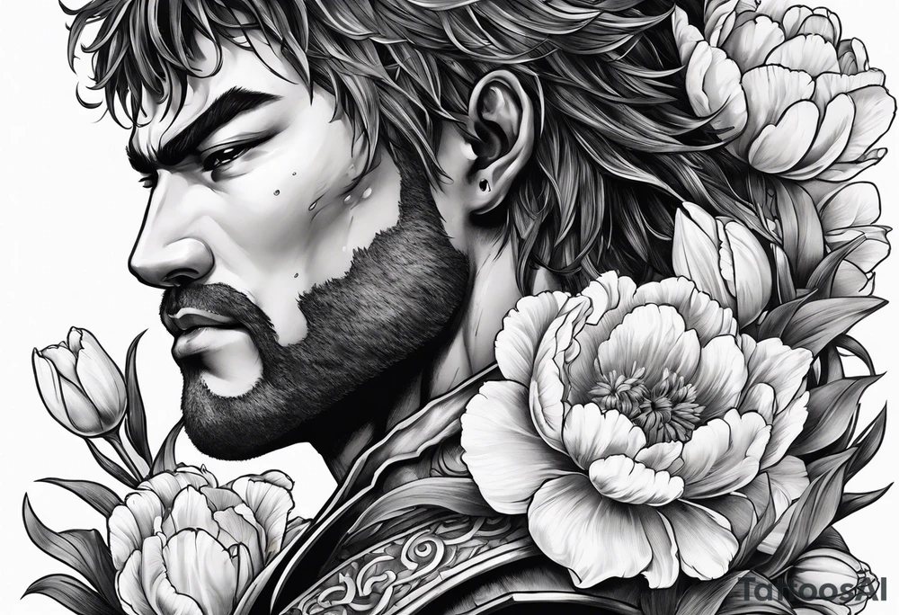 close up of ther face a berserk theme tattoo of guts with his sword on a land of flowers - tulips and peonys on a arm tattoo idea