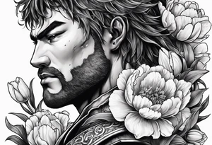 close up of ther face a berserk theme tattoo of guts with his sword on a land of flowers - tulips and peonys on a arm tattoo idea