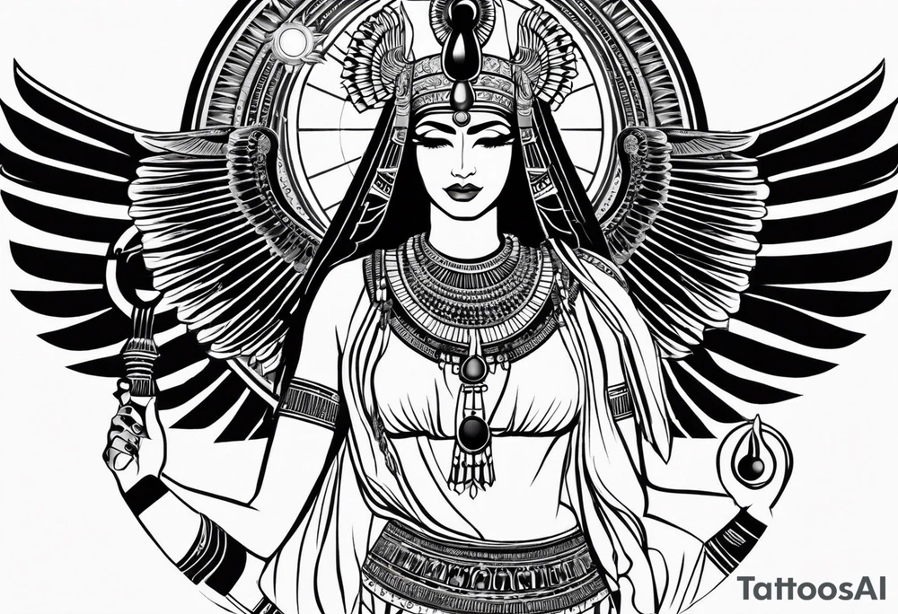 black and white Egyptian goddess Isis, who is often depicted as a woman with outstretched wings, holding an ankh (a symbol of life) in one hand and a lotus flower in the other. Her headdress often includes a throne or a solar disk. The tattoo design can vary in style and size, but it typically aims to capture the essence of this revered Egyptian deity, emphasizing her beauty, power, and maternal qualities. The choice of colors and additional elements can also be customized to create a unique and visually striking representation of the goddess Isis tattoo idea