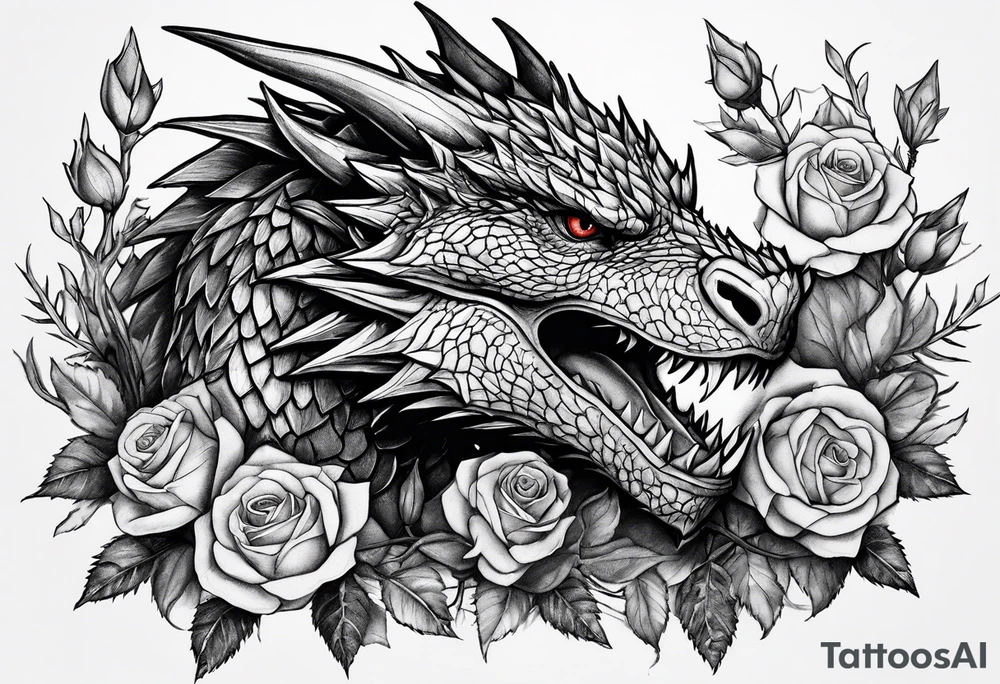 Drogon's face amongst roses and thorns tattoo idea
