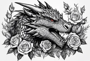 Drogon's face amongst roses and thorns tattoo idea