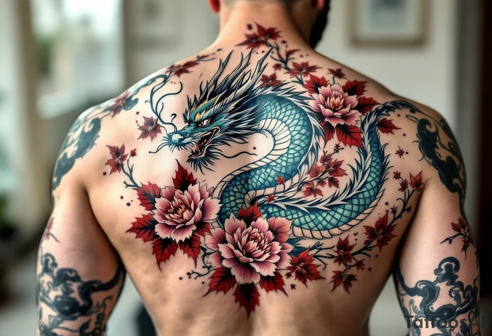 A full-back irezumi tattoo depicting a fierce blue and green dragon coiled around pink peonies and fiery red maple leaves, with black ink wind bars and soft gray shading that flows across the shoulders and down the arms. tattoo idea