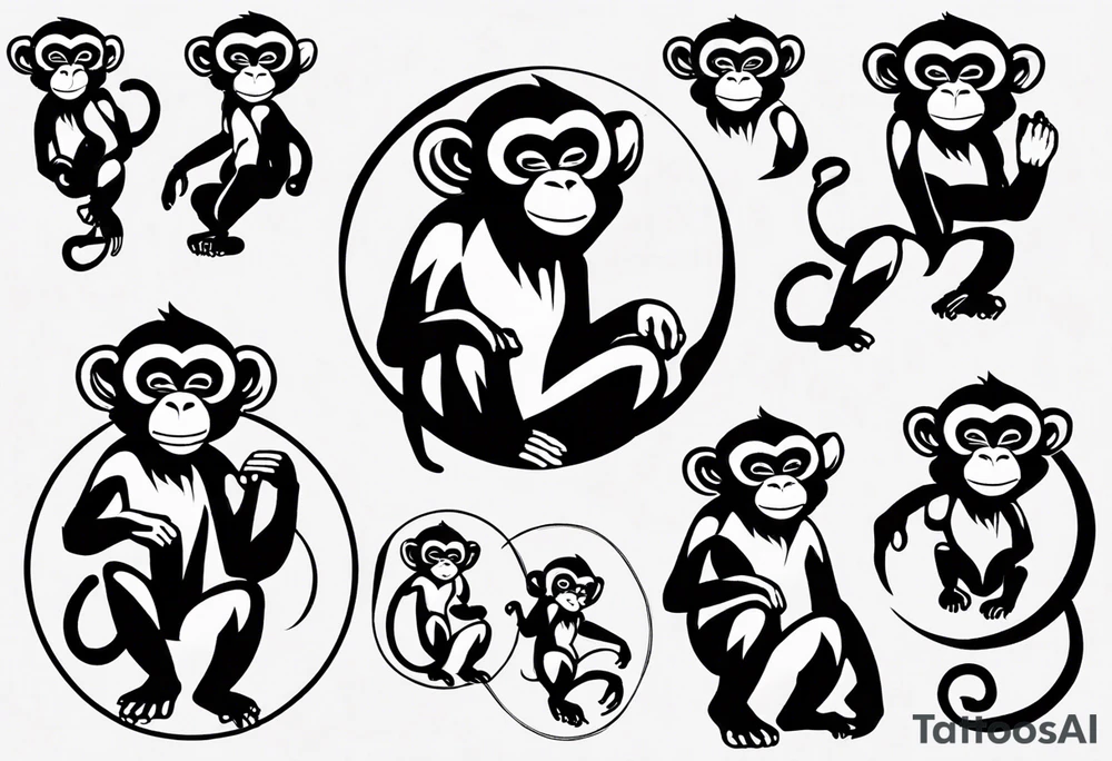 Create an abstract happy monkey body shape on a small disconnected circle where the monkey is just a shape. Do not give the monkey a face. tattoo idea
