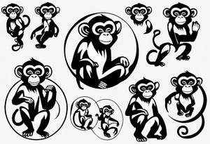 Create an abstract happy monkey body shape on a small disconnected circle where the monkey is just a shape. Do not give the monkey a face. tattoo idea