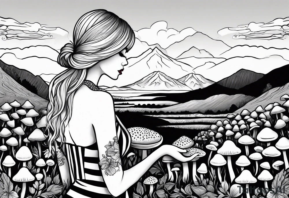 Straight blonde hair girl holding mushrooms in hand facing away toward mountains surrounded by mushrooms circular design black and white striped dress tattoo idea