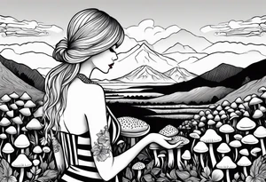 Straight blonde hair girl holding mushrooms in hand facing away toward mountains surrounded by mushrooms circular design black and white striped dress tattoo idea