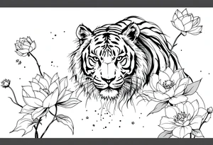 fierce tiger emerging through blooming lotus flowers in mist tattoo idea