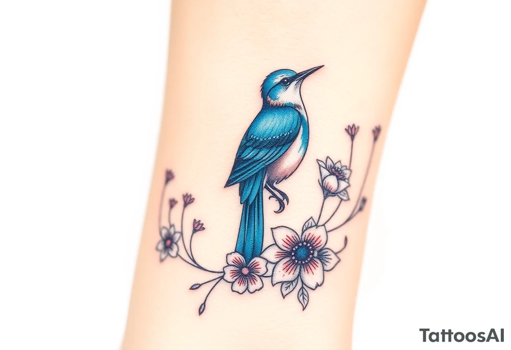 powerful majestic bluebird surrounded by wild flowers tattoo idea