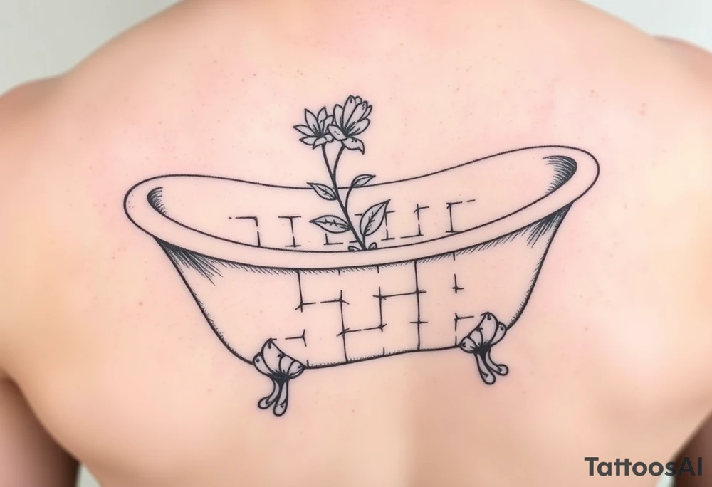 clawfoot bathtub with a tile floor and a flower growing through the cracks tattoo idea