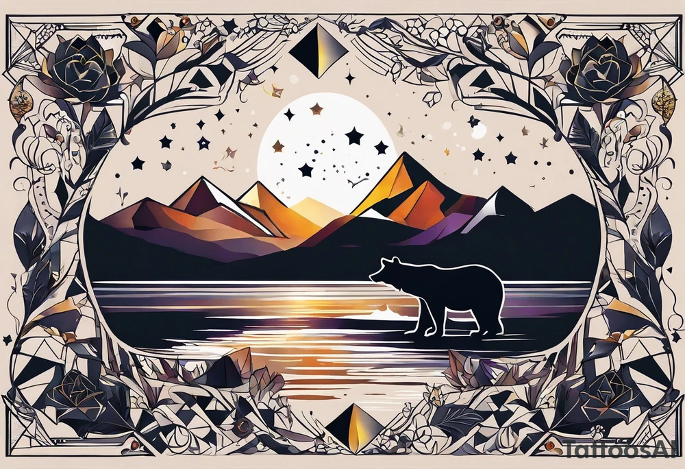 I need to create a sleeve tattoo from shoulder to wrist. The design should include space, stars, forest, sunset, mountains, cliffs, waterfall, water, ocean, wild animals (bear, wolves, elephant), and inserts of triangles and geometric figures. I have two children – a son, Sergei (the eldest), and a daughter, Anna, who live with me and my wife. But I also have another daughter, Marianna, whom I haven't seen for a long time and eagerly await to meet. The tattoo should symbolize love and protection for my children and family, the desire to secure their future, and confidence in tomorrow. It should reflect the notion of not looking back, but always moving forward and achieving goals! tattoo idea