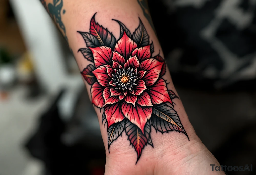 red  and black rhododendron trippy with mandala behind tattoo idea