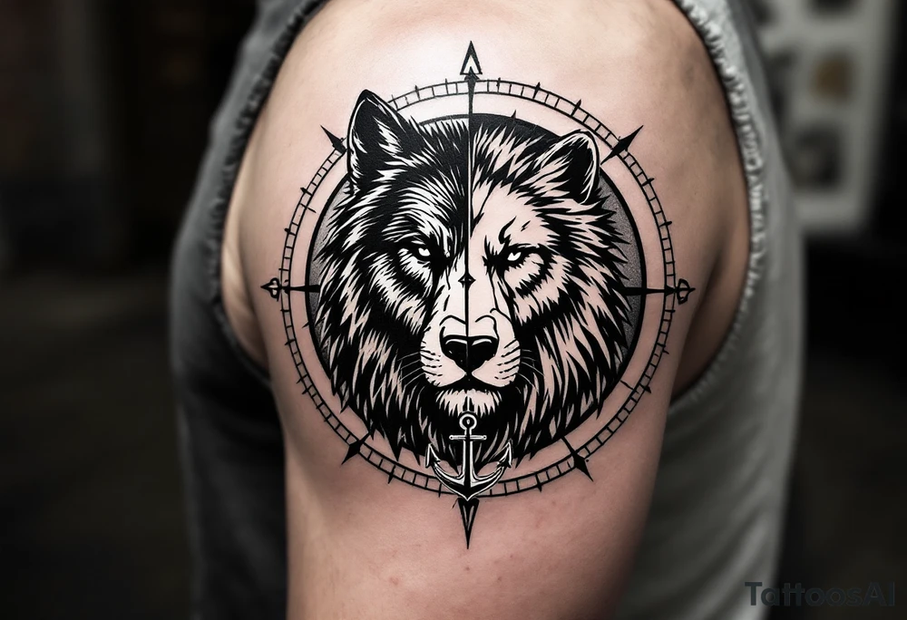 1/3wolf 1/3bear 1/3 lion surrounded by a compass with a small anchor on bottom. for sleeve tattoo idea