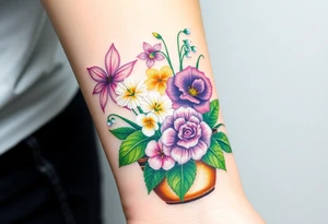 African violet, Daisy, Lily of the valley, Rose, hydrangea in a flower pot. Light color shading tattoo idea