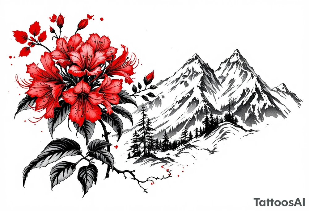 vertical wrist size red  and black rhododendron trippy with Himalayas behind tattoo idea