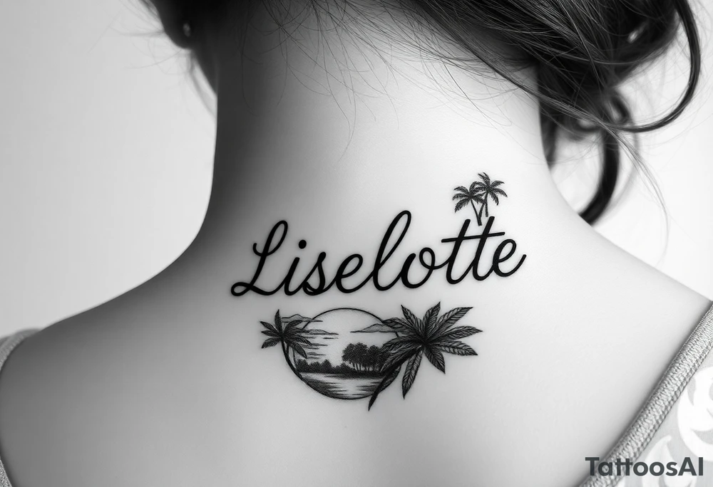 The name Liselotte surrounded by tropical scenery tattoo idea