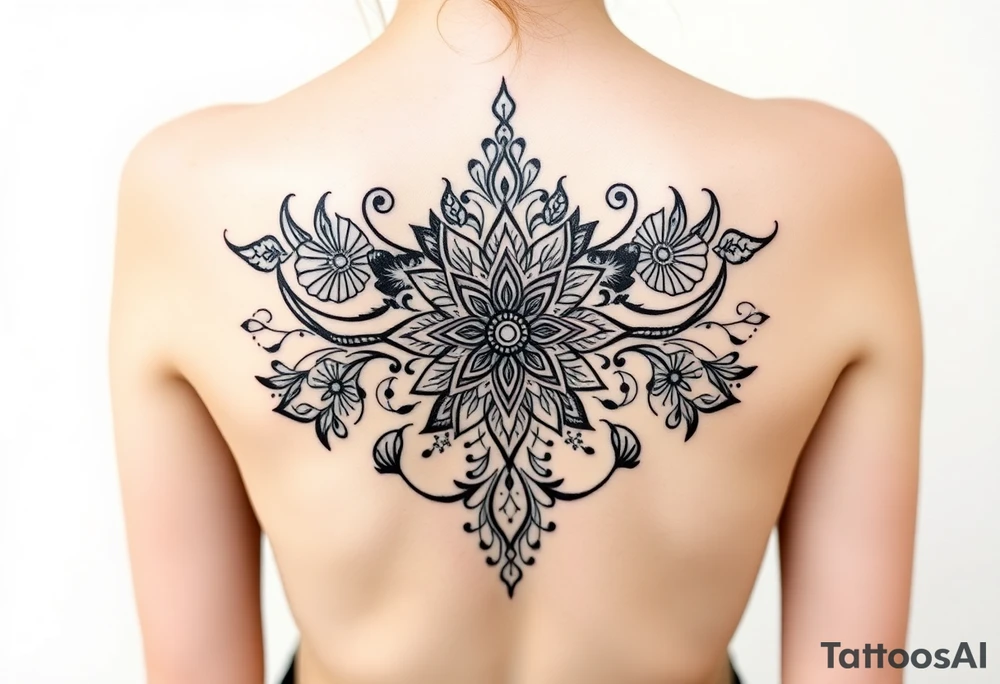 spine tattoo design with symmetrical ornamental patterns, combining dotwork, mandala elements, and flowing lines that follow the natural curves of the body with tribal-inspired lower back tattoo with sweeping symmetrical curves, bold linework, and soft floral accents, creating a feminine yet powerful aesthetic. The design is intricate and balanced. tattoo idea