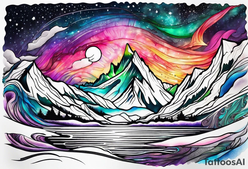 northern lights and mountain square shaped tattoo idea