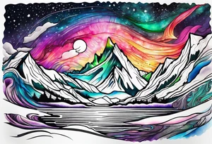 northern lights and mountain  square shaped tattoo idea