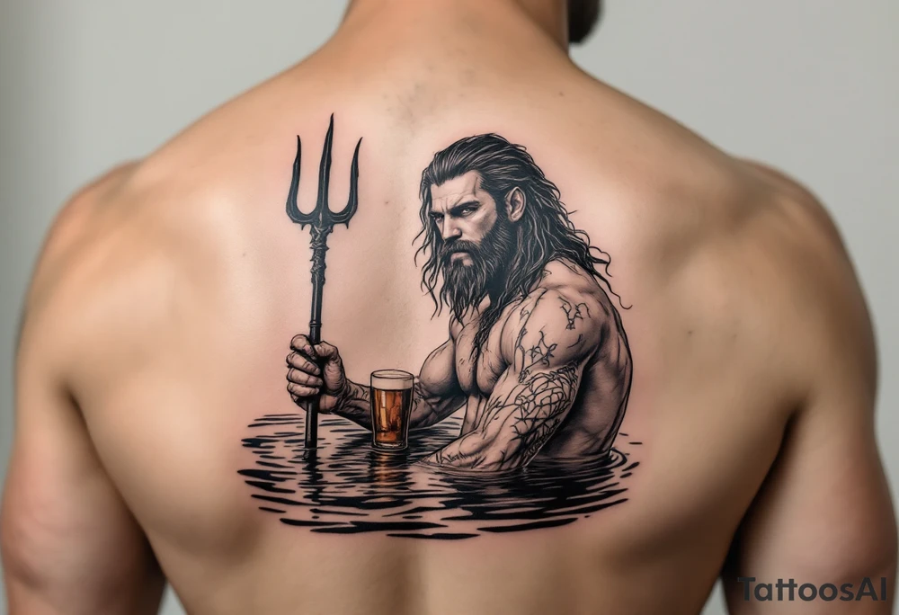 young, fit poseidon in calm water, holding a trident, drinking a beer, with feet tattoo idea