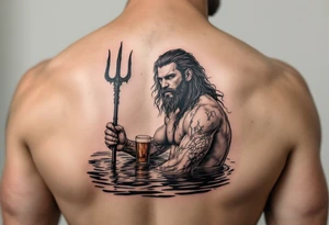young, fit poseidon in calm water, holding a trident, drinking a beer, with feet tattoo idea