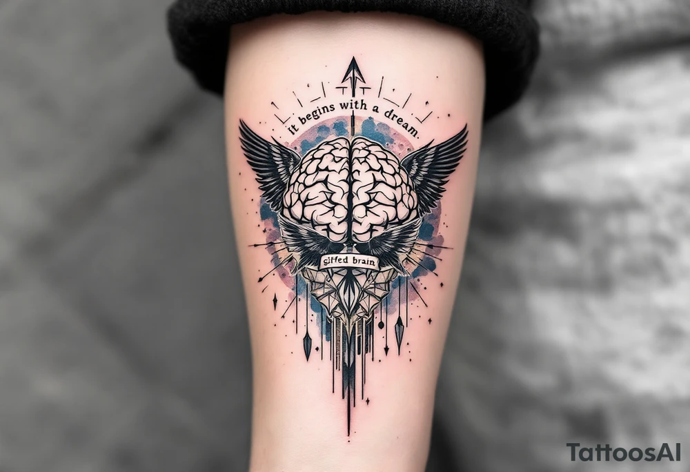 Tattoo inspired in the gifted brain in geometric and straight lines, with few watercolor details but mostly black, symbols representing intelligence, creativity and dreaming flying arround, the phrase "It begins with a dream", raven wings behind, and an arrow crossing from above, and watercolors leaking of it tattoo idea