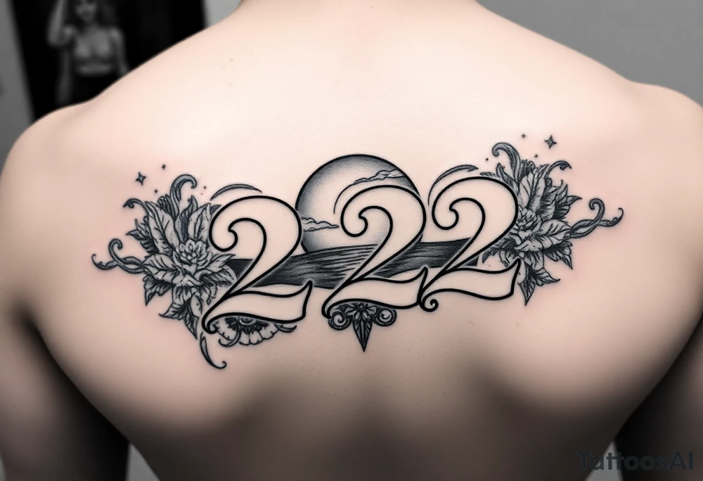 Bold 222 surrounded with sunset and love and stardust and vibration tattoo idea