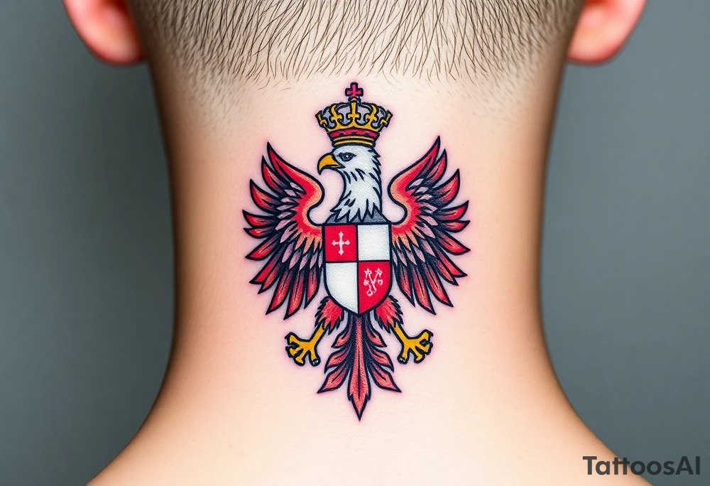 A majestic red and white Moravian eagle with golden crown on its head with a shield, featuring the traditional Moravian coat of arms tattoo idea