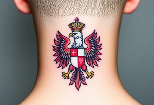A majestic red and white Moravian eagle with golden crown on its head with a shield, featuring the traditional Moravian coat of arms tattoo idea