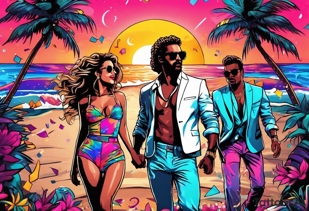 1980's miami vice style beach dance 
party, include confetti, music notes, boom box, bikinis sunset in the center tattoo idea