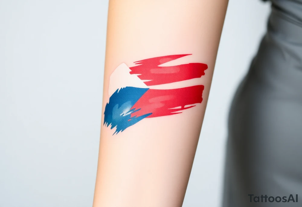 A stylized Czech flag in brushstroke style, with a hand-painted aesthetic and dynamic motion tattoo idea