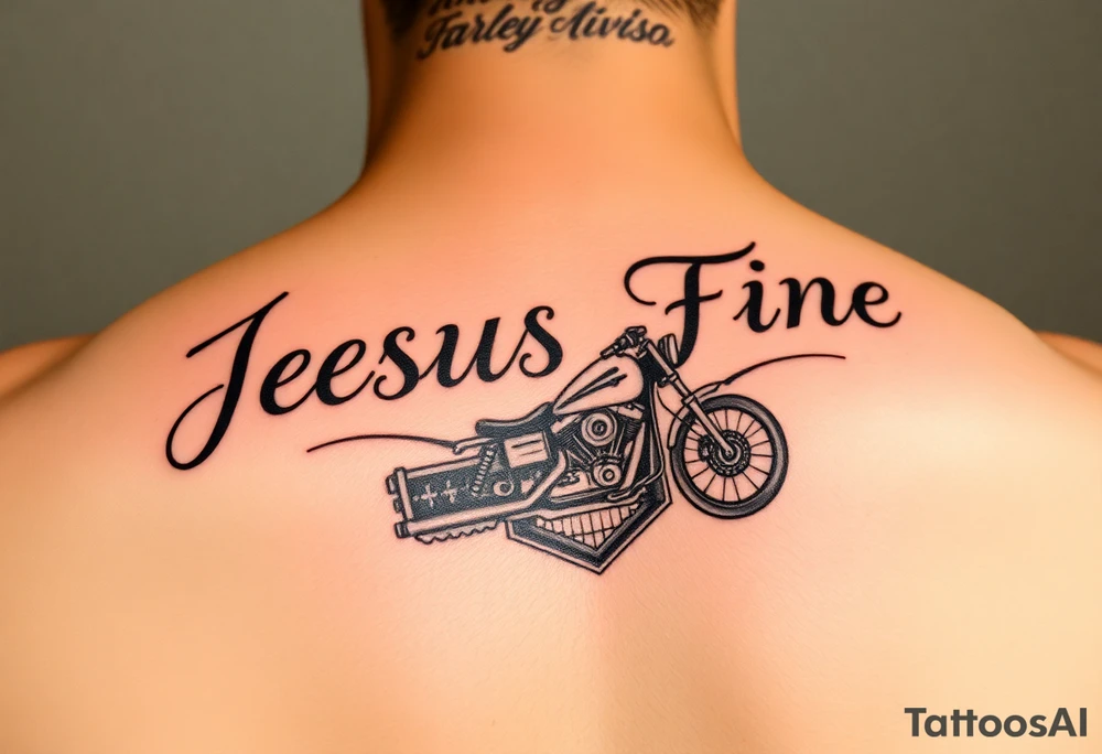 The words Jesus Fine And a Harley Davidson tattoo idea
