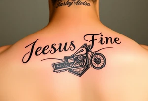 The words Jesus Fine And a Harley Davidson tattoo idea