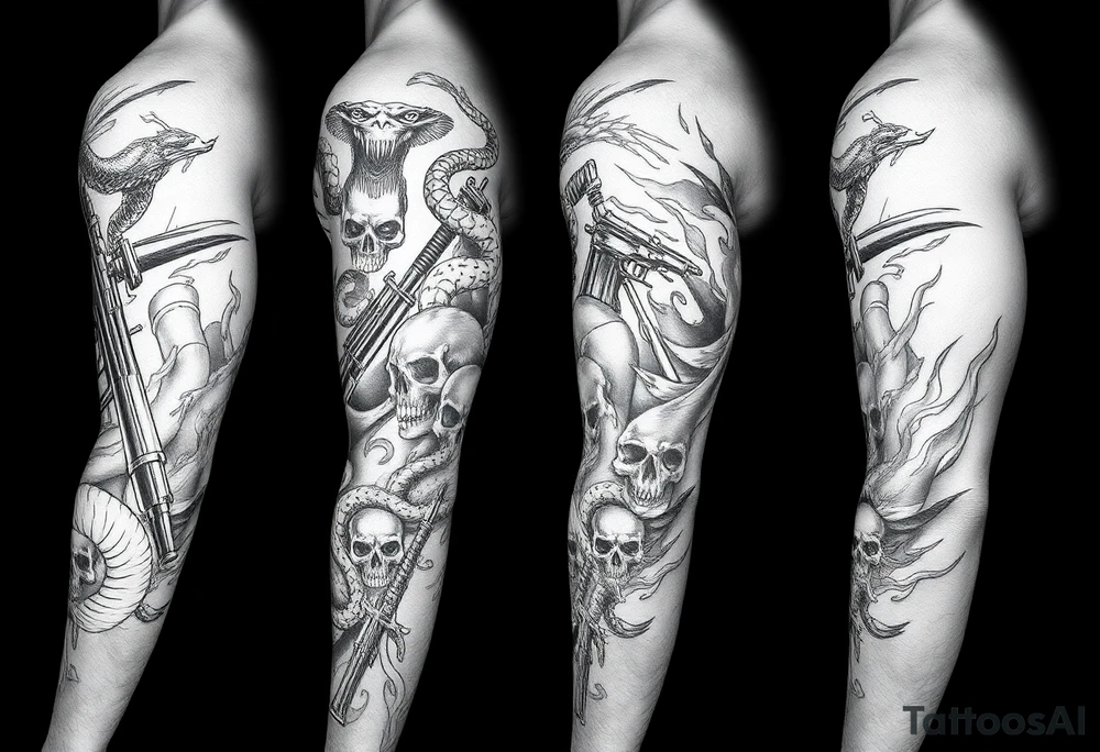 I want a full sleeve from shoulder to wrist. I want to incorporate a firefighter and Marine corps logo. I like snakes, rifles, guns, flames and skulls tattoo idea