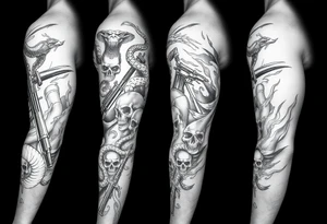 I want a full sleeve from shoulder to wrist. I want to incorporate a firefighter and Marine corps logo. I like snakes, rifles, guns, flames and skulls tattoo idea