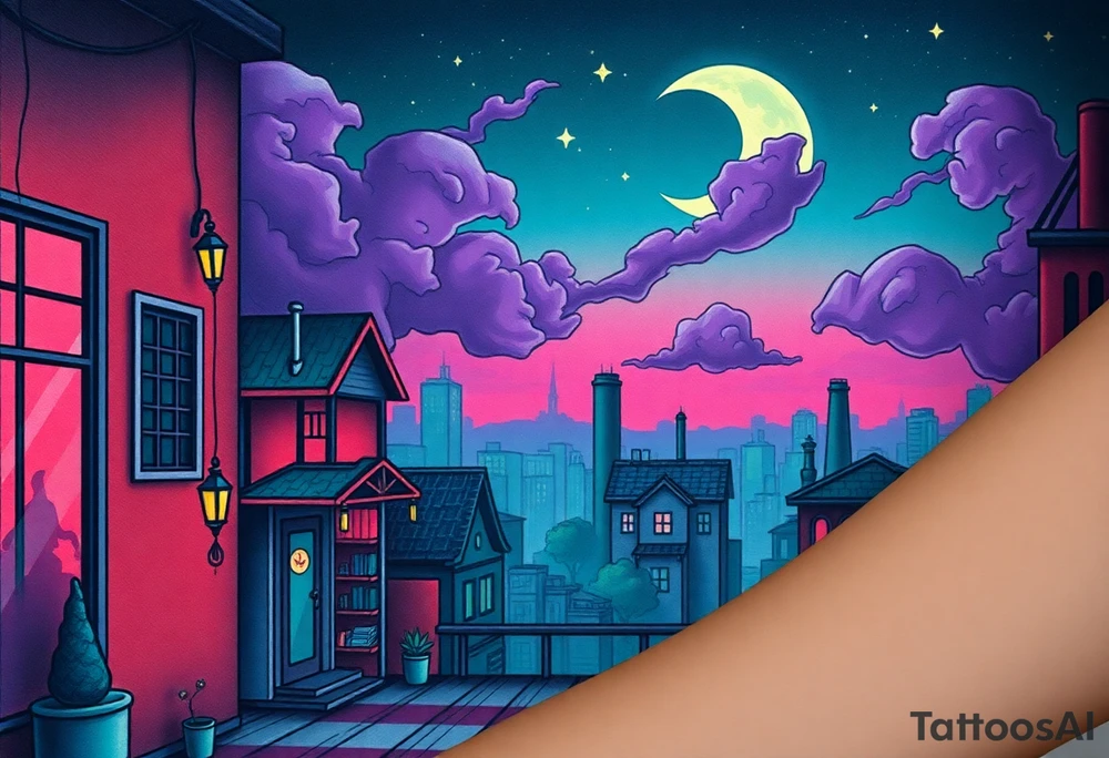 Tim Burton’s haunted pastel Tokyo apartment and dripping with muted reds, dusty pinks, and eerie green glow.purple and cyan smokey clouds swirl in the crescent moonlit sky thats sprinkled with stars tattoo idea tattoo idea